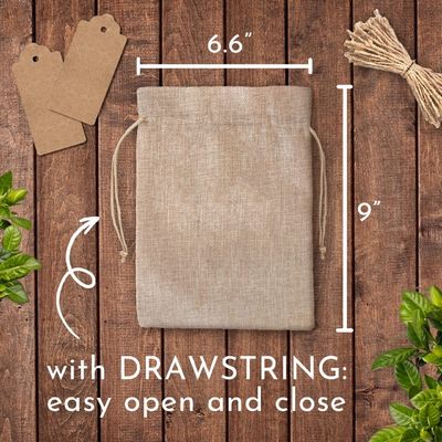 50 ট্যাগ এবং 50 ট্যাগ সহ burlap drawstring ব্যাগ 6.6x9 ইঞ্চি। সব অনুষ্ঠানের জন্য বার্ল্যাপ ব্যাগ. পুনর্ব্যবহারযোগ্য উপহার ব্যাগ
